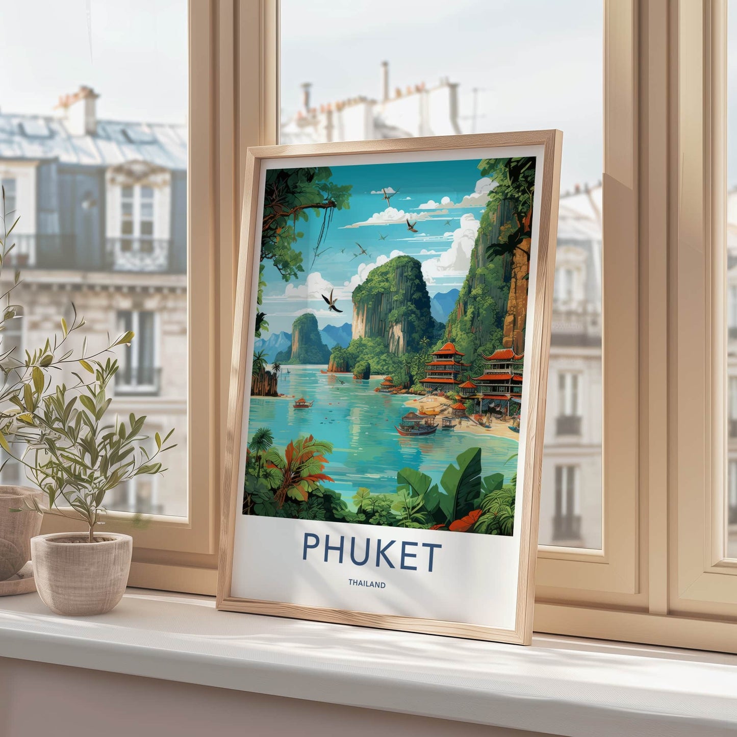 Phuket Poster - Thailand Travel Art - Tropical Bay Pagodas Home Decor