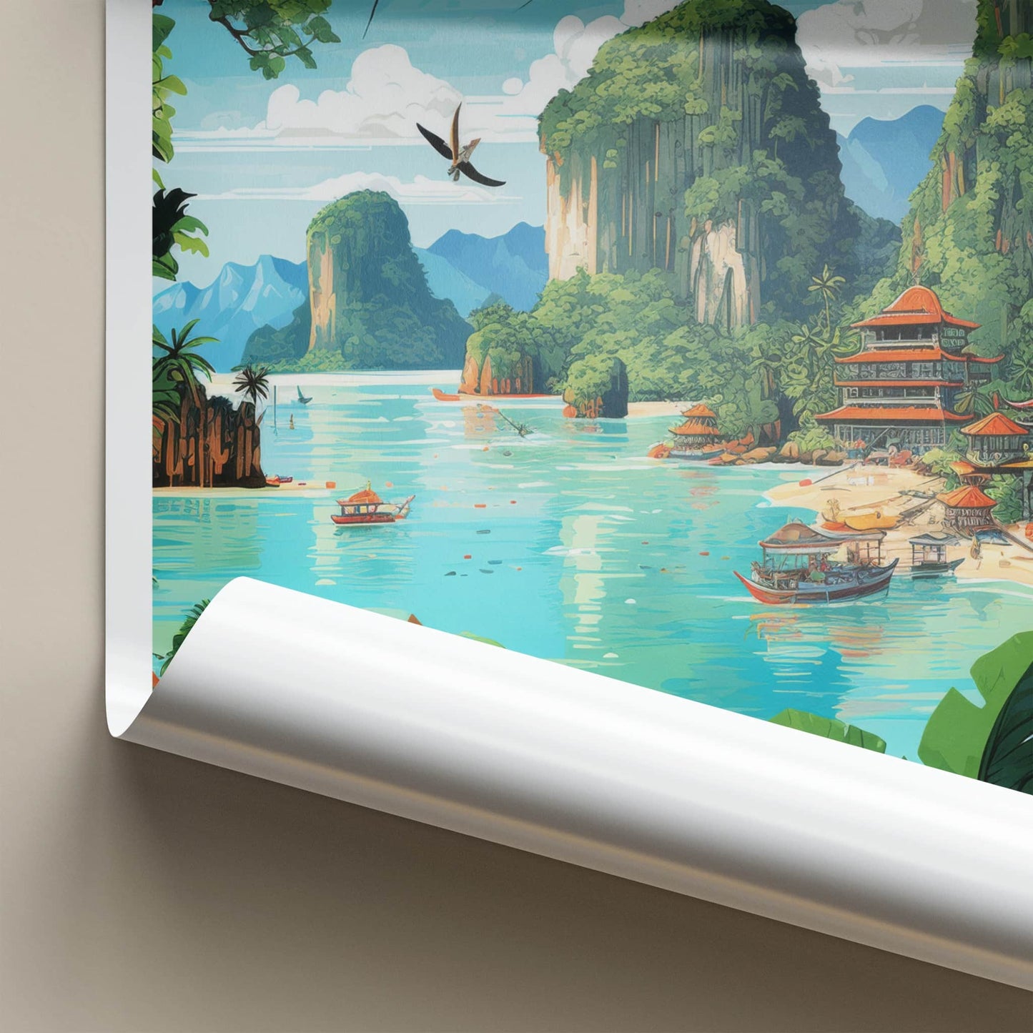 Phuket Poster - Thailand Travel Art - Tropical Bay Pagodas Home Decor