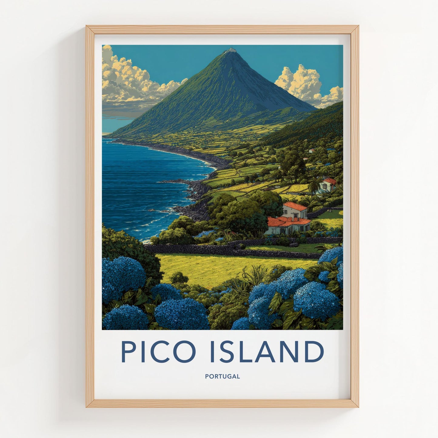 Pico Island Poster - Portugal Travel Art - Coastal mountain panorama Wall Decor