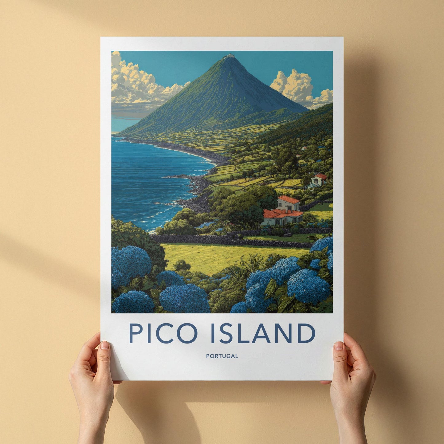 Pico Island Poster - Portugal Travel Art - Coastal mountain panorama Wall Decor