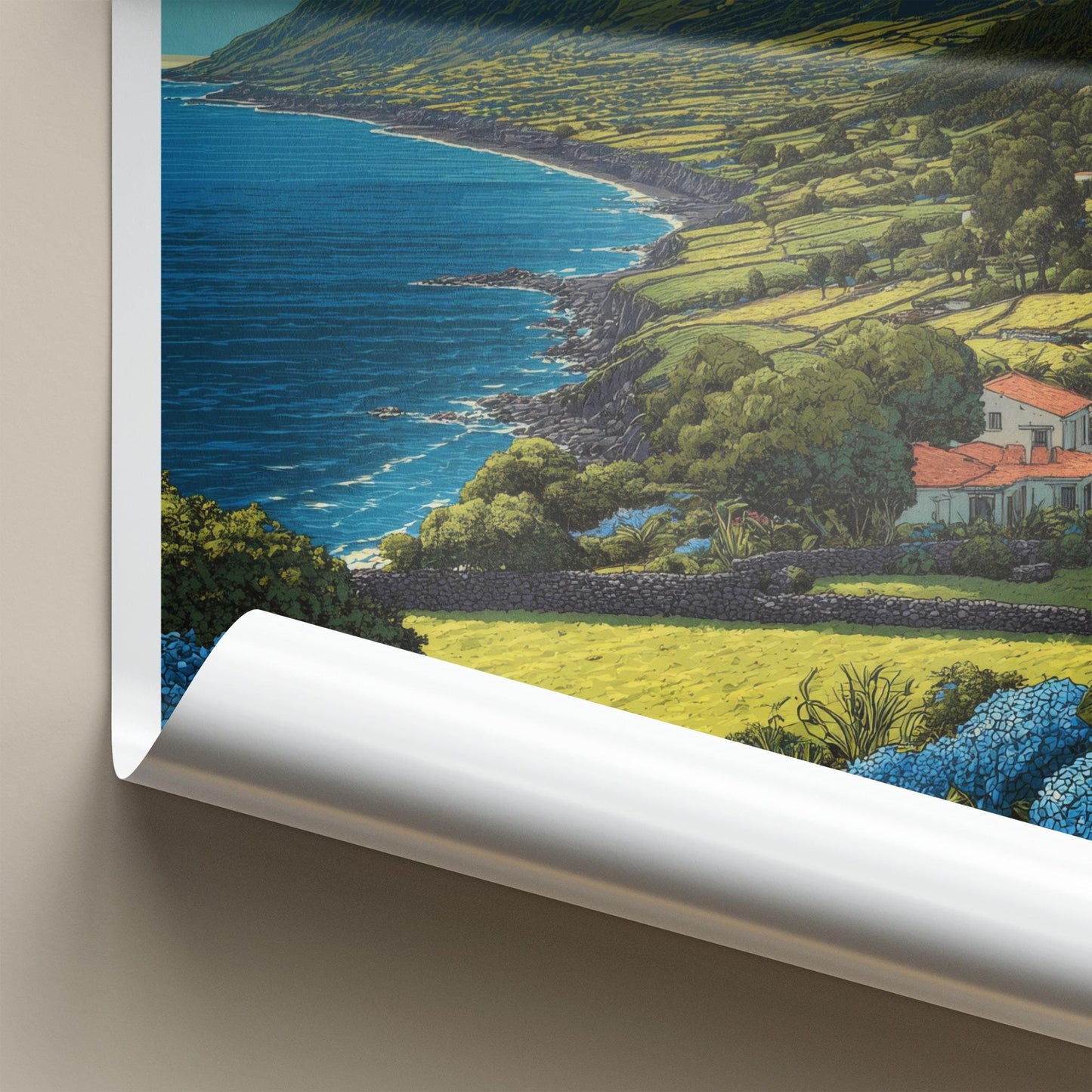 Pico Island Poster - Portugal Travel Art - Coastal mountain panorama Wall Decor