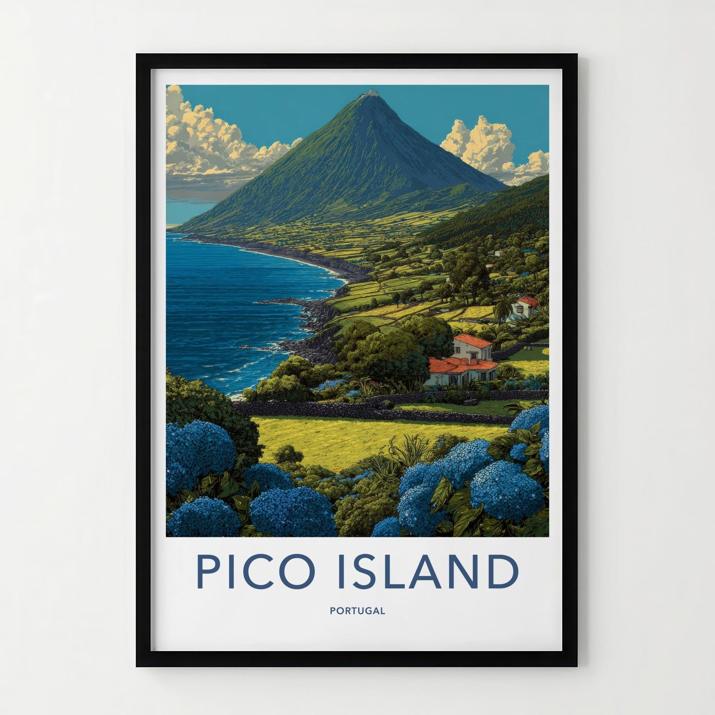 Pico Island Poster - Portugal Travel Art - Coastal mountain panorama Wall Decor
