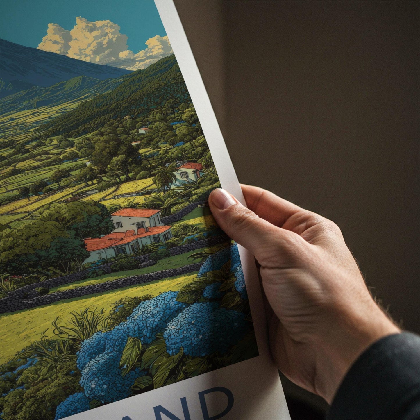 Pico Island Poster - Portugal Travel Art - Coastal mountain panorama Wall Decor