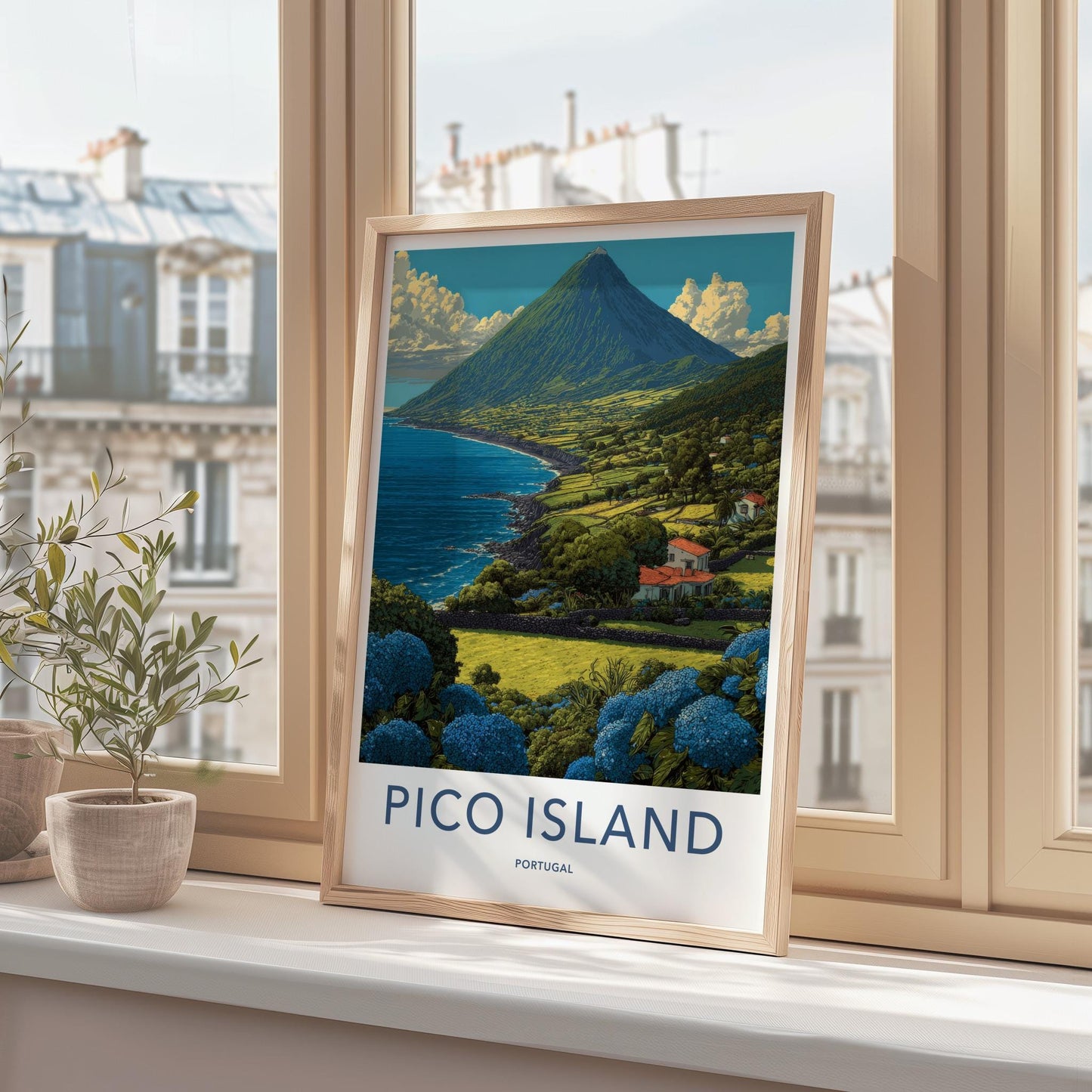 Pico Island Poster - Portugal Travel Art - Coastal mountain panorama Wall Decor