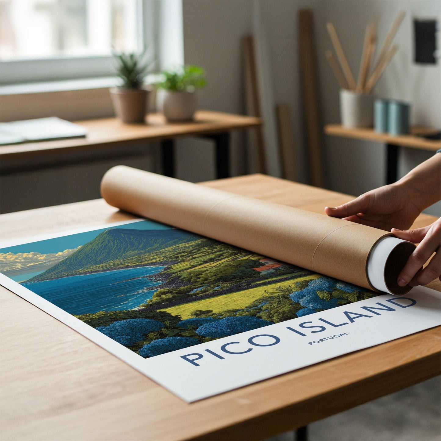 Pico Island Poster - Portugal Travel Art - Coastal mountain panorama Wall Decor