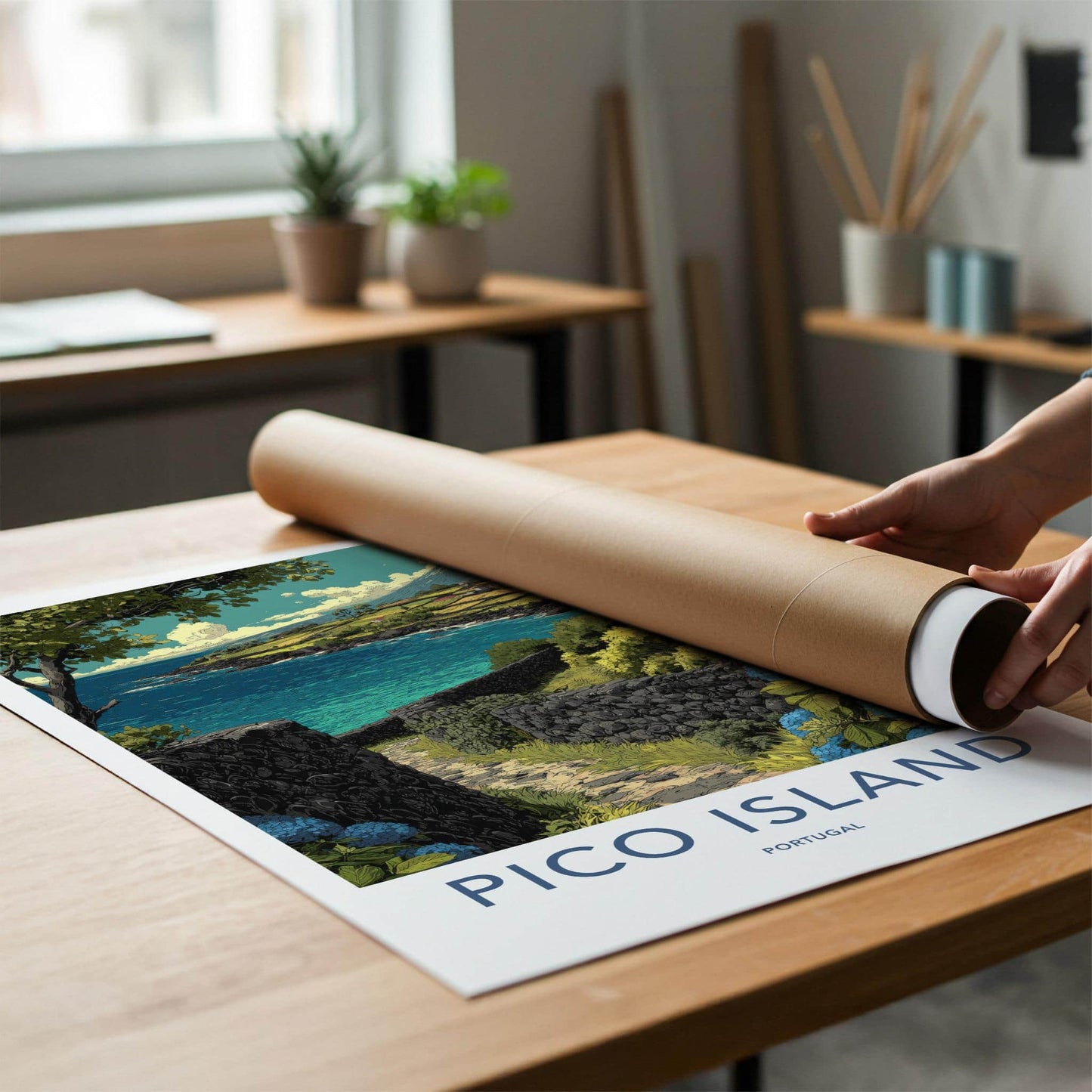 Pico Island Poster - Portugal Travel Art - Volcano Ocean Terraces Home Decor