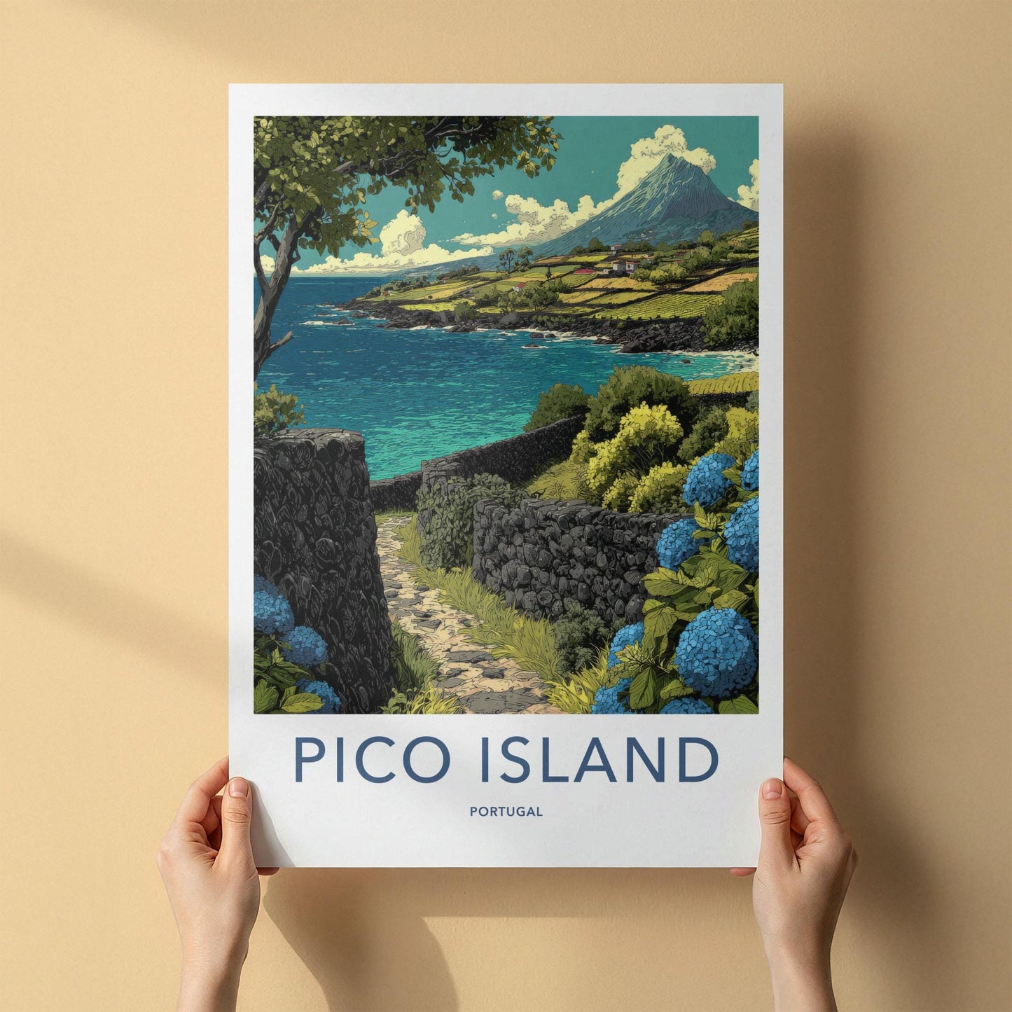 Pico Island Poster - Portugal Travel Art - Volcano Ocean Terraces Home Decor