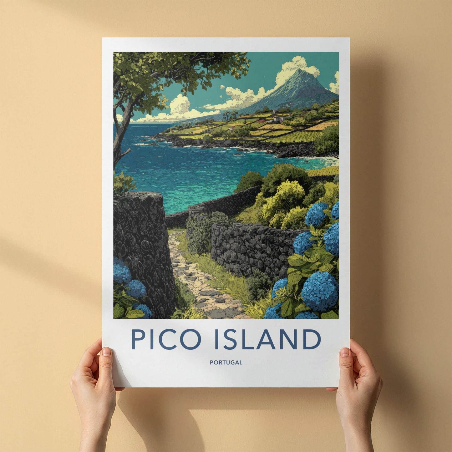 Pico Island Poster - Portugal Travel Art - Volcano Ocean Terraces Home Decor