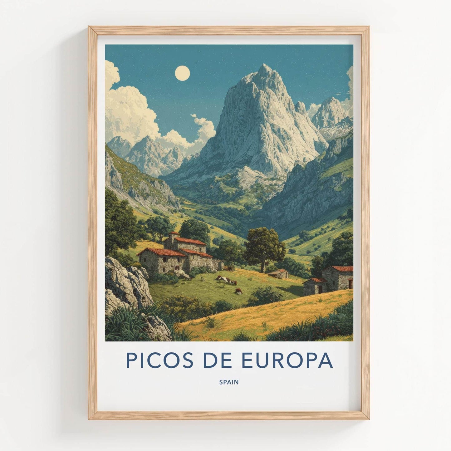 Picos De Europa Poster - Spain Travel Art - Moonlit Mountain Scene Home Decor