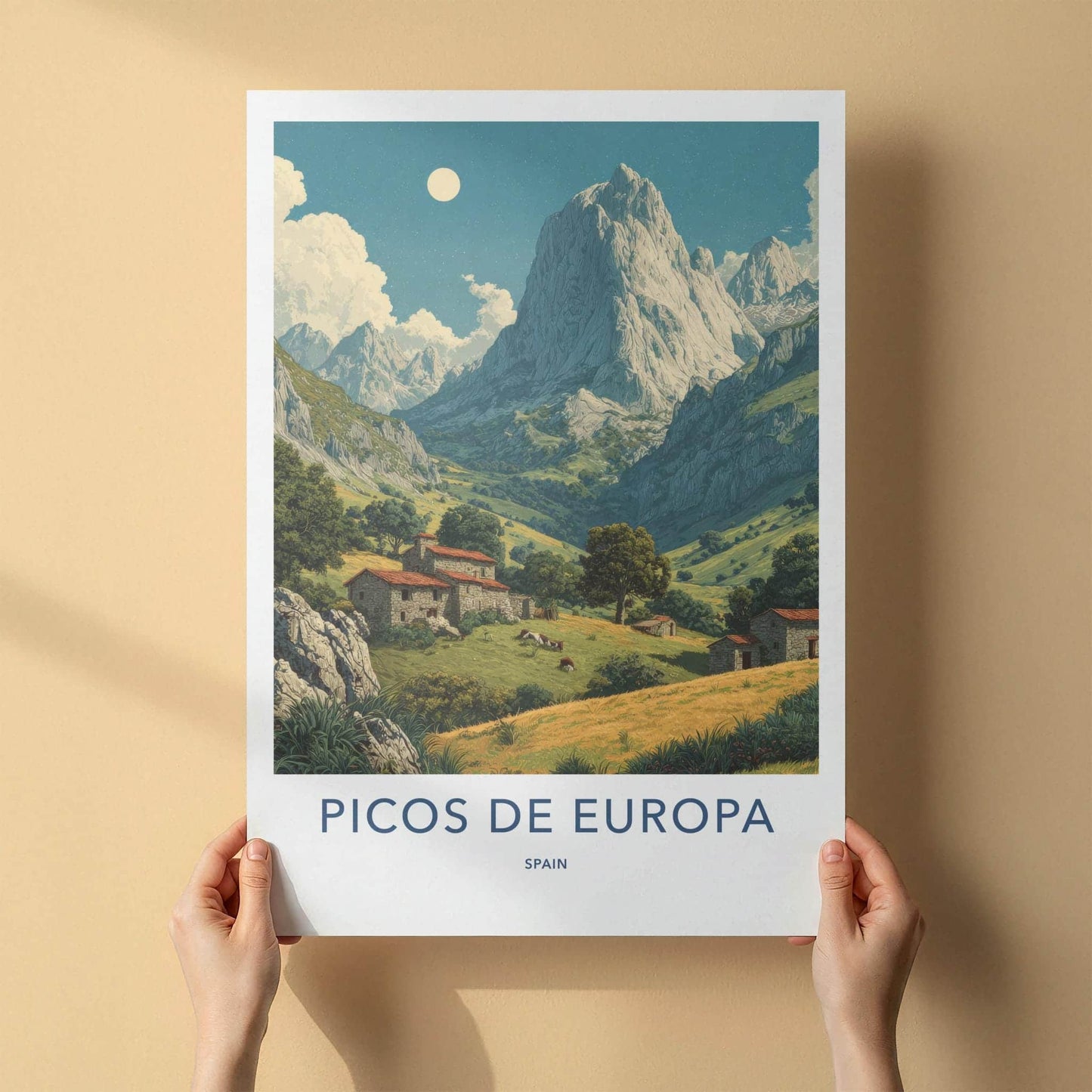 Picos De Europa Poster - Spain Travel Art - Moonlit Mountain Scene Home Decor