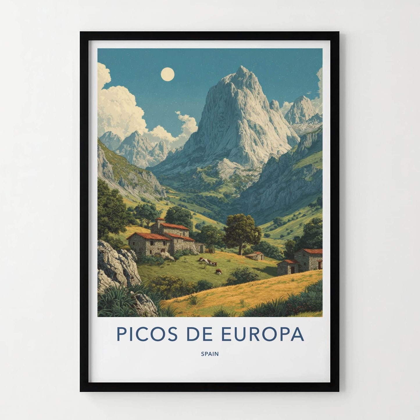 Picos De Europa Poster - Spain Travel Art - Moonlit Mountain Scene Home Decor