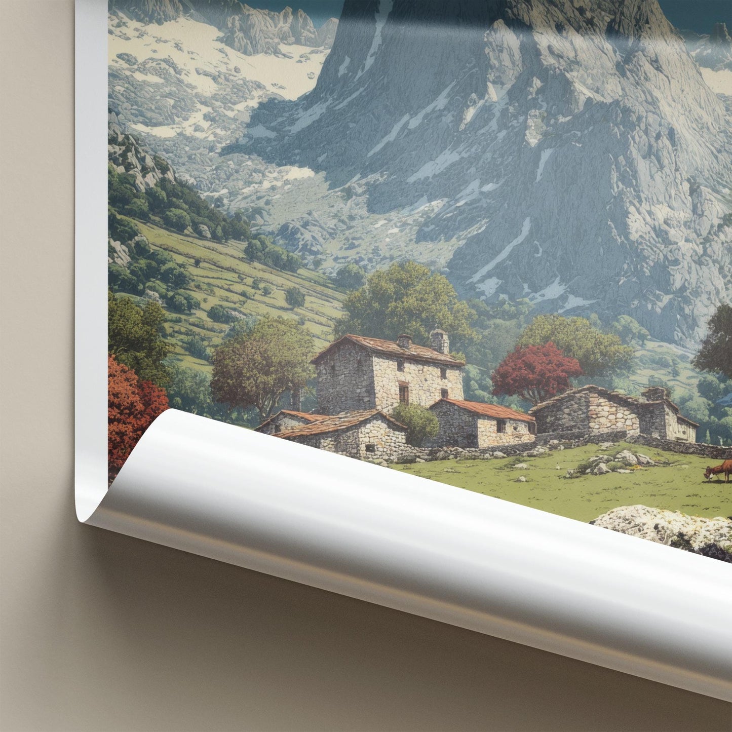 Picos de Europa Poster - Spain Travel Art - Mountain Village Pasture Home Decor