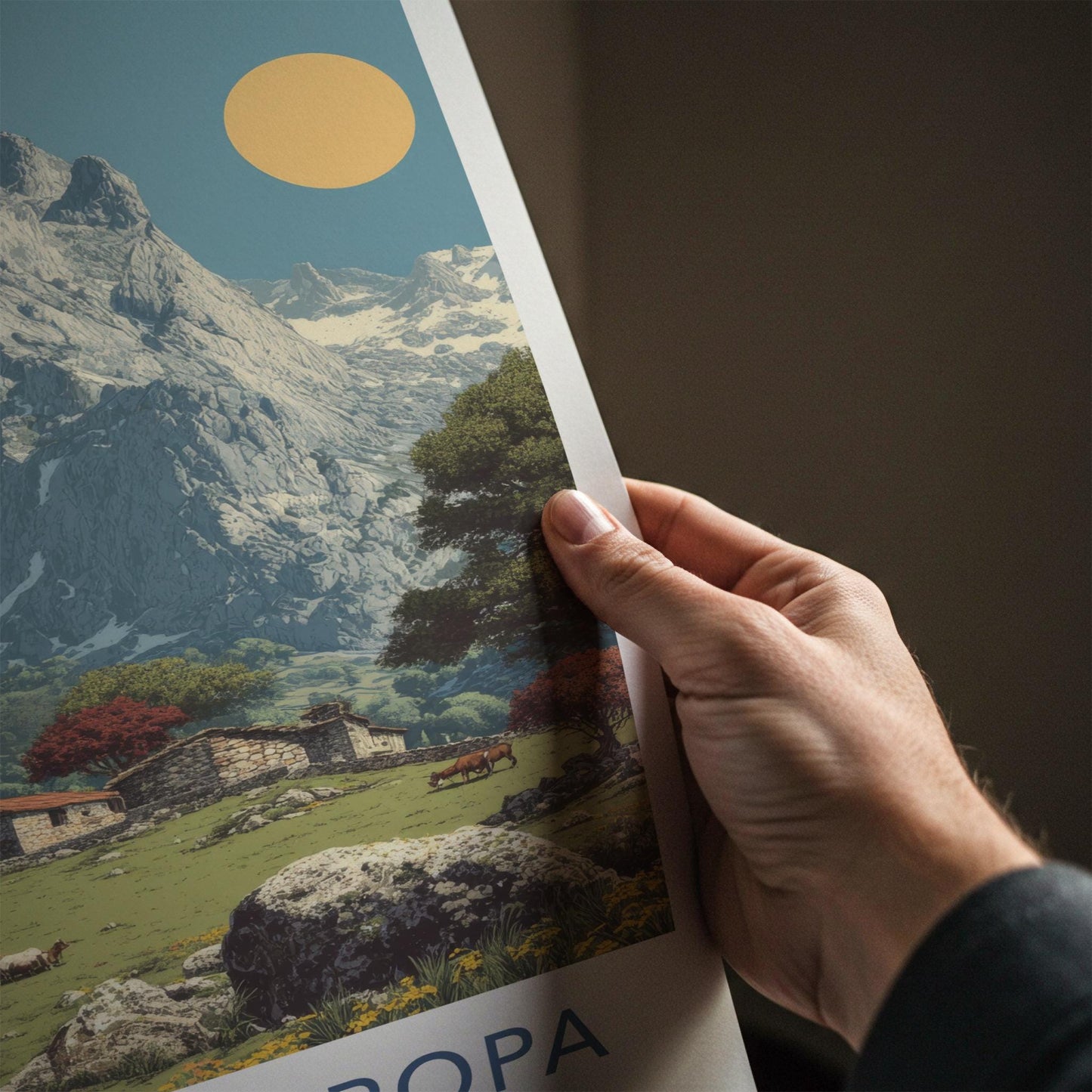 Picos de Europa Poster - Spain Travel Art - Mountain Village Pasture Home Decor