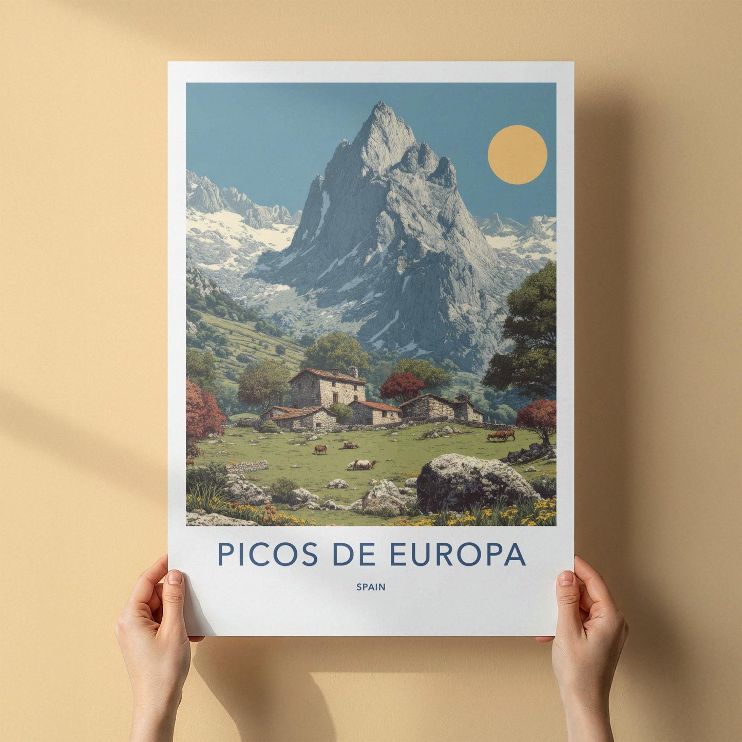 Picos de Europa Poster - Spain Travel Art - Mountain Village Pasture Home Decor