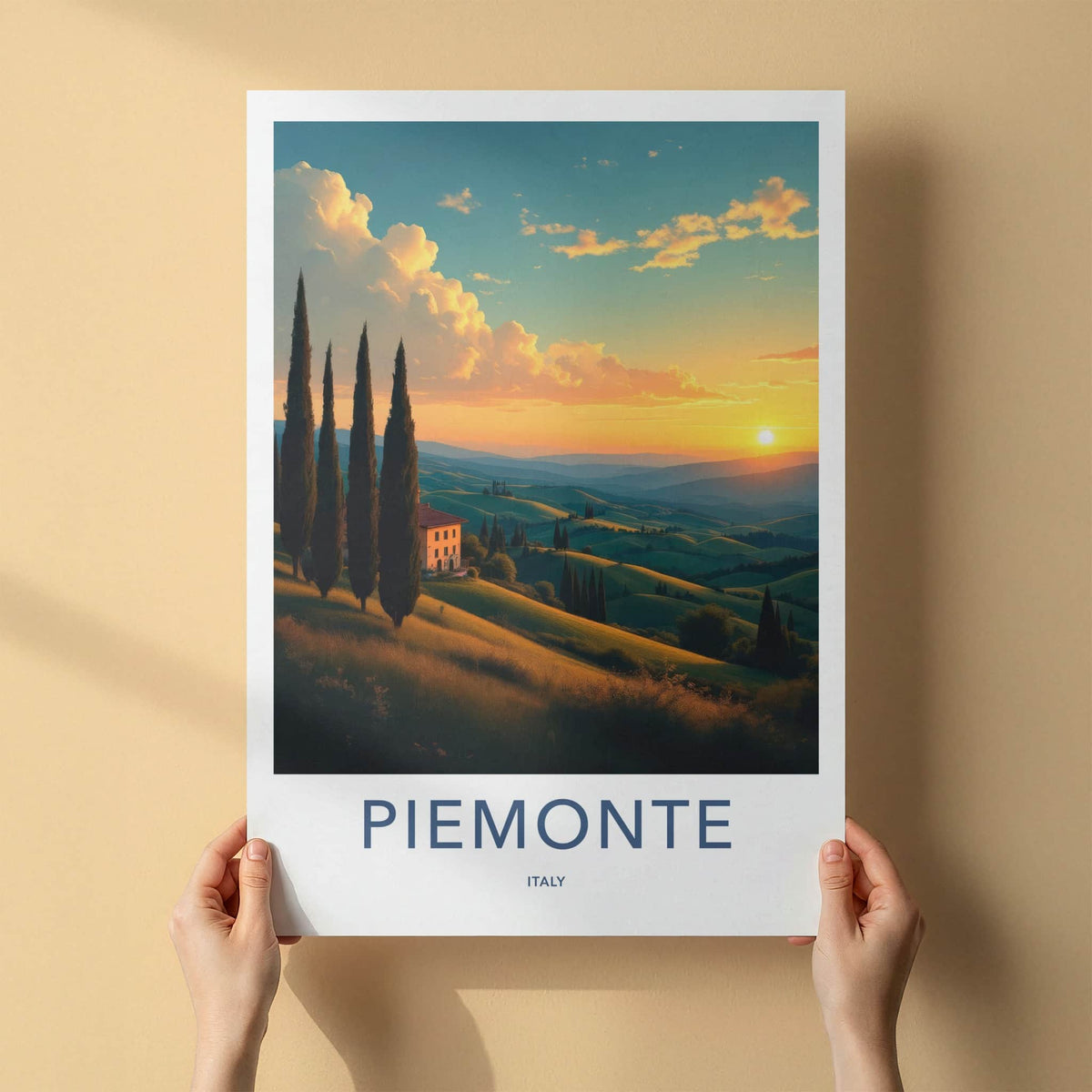 Piemonte Poster - Italy Travel Art - Golden Sunset Hills Wall Decor