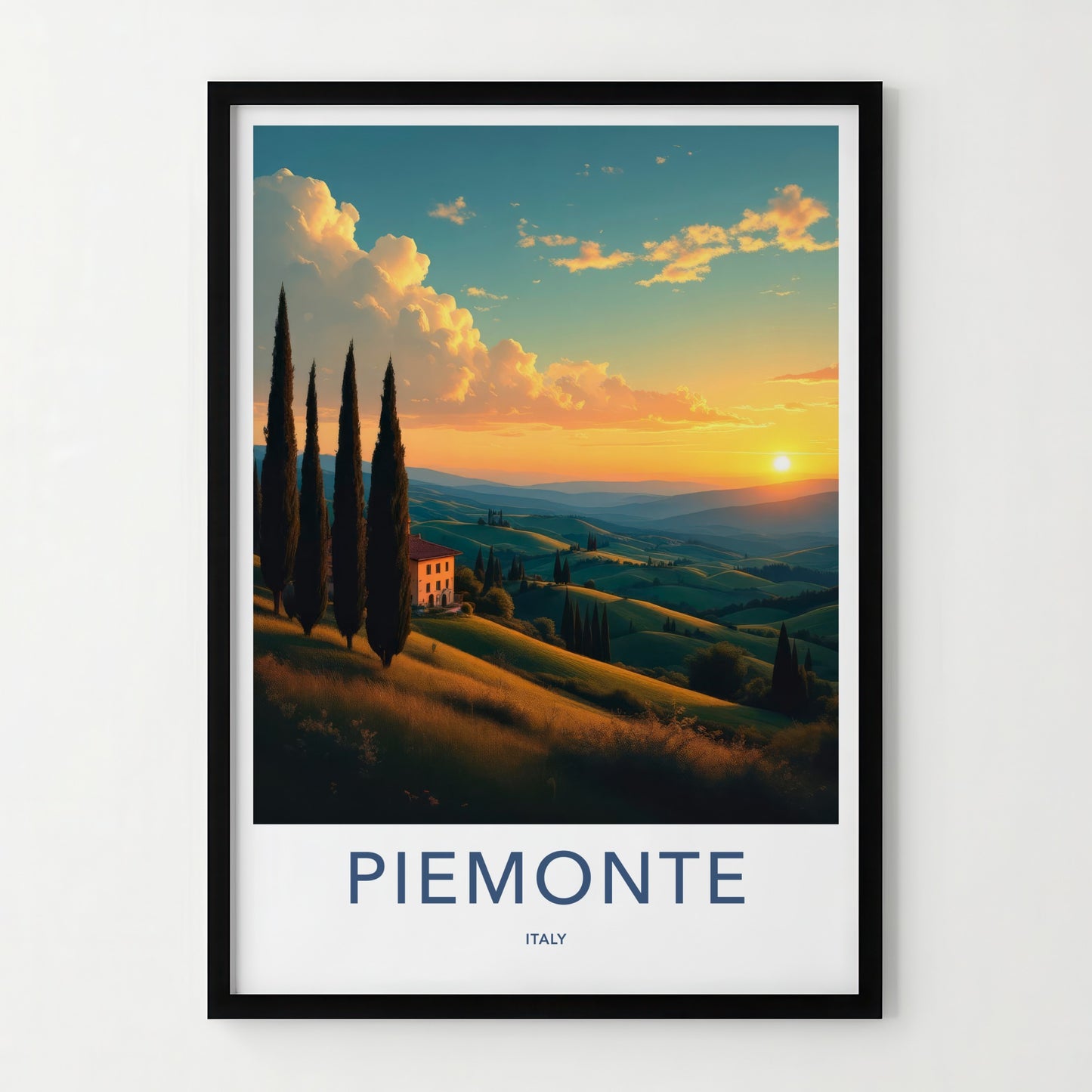 Piemonte Poster - Italy Travel Art - Golden Sunset Hills Wall Decor