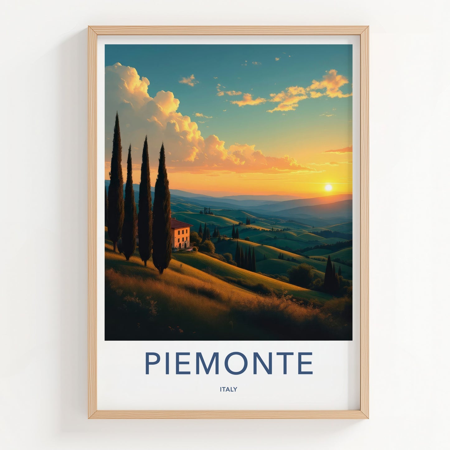 Piemonte Poster - Italy Travel Art - Golden Sunset Hills Wall Decor