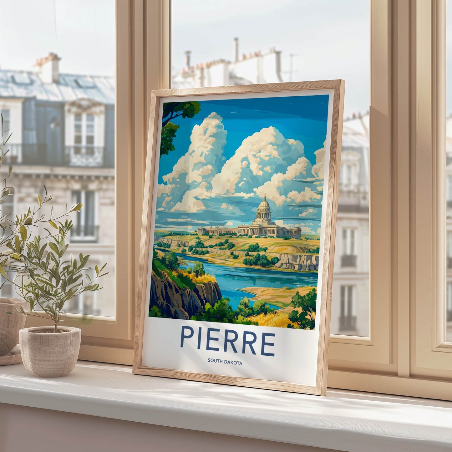 Pierre Poster - South Dakota Travel Art - Capitol River Bluff Wall Decor