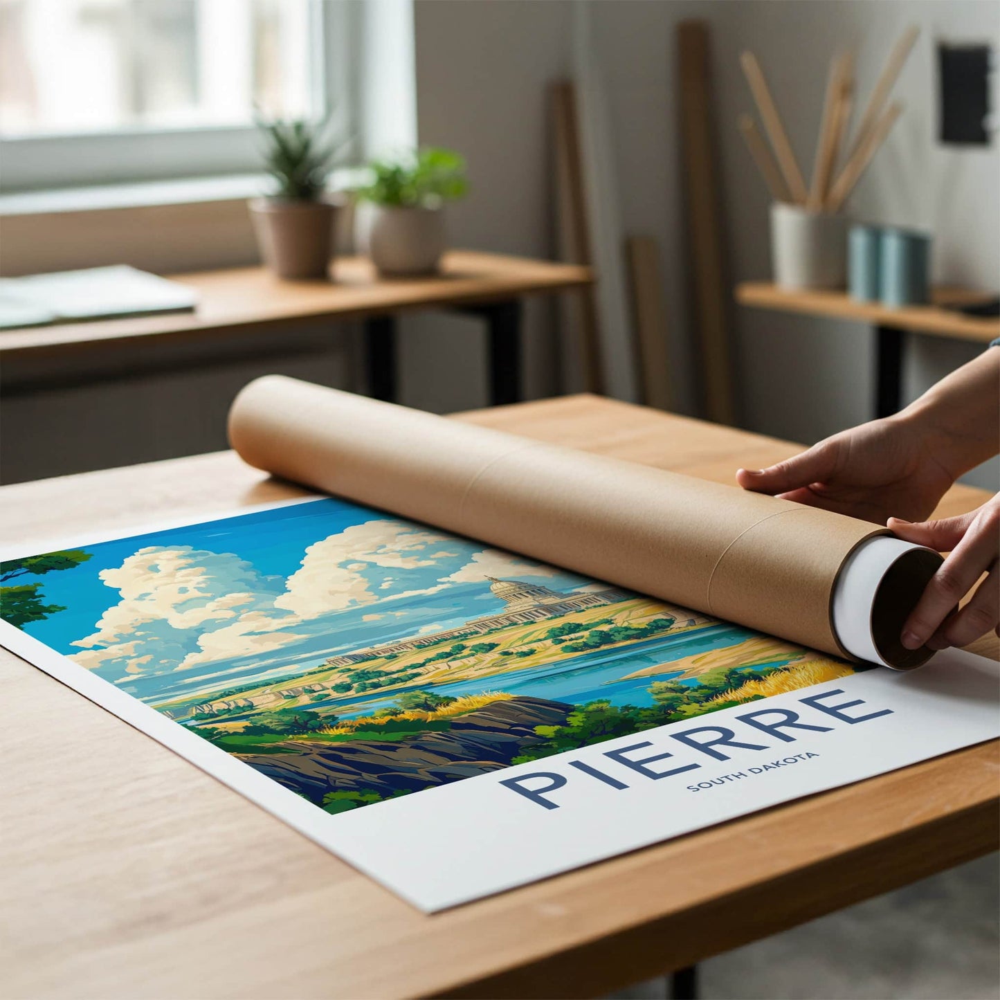 Pierre Poster - South Dakota Travel Art - Capitol River Bluff Wall Decor