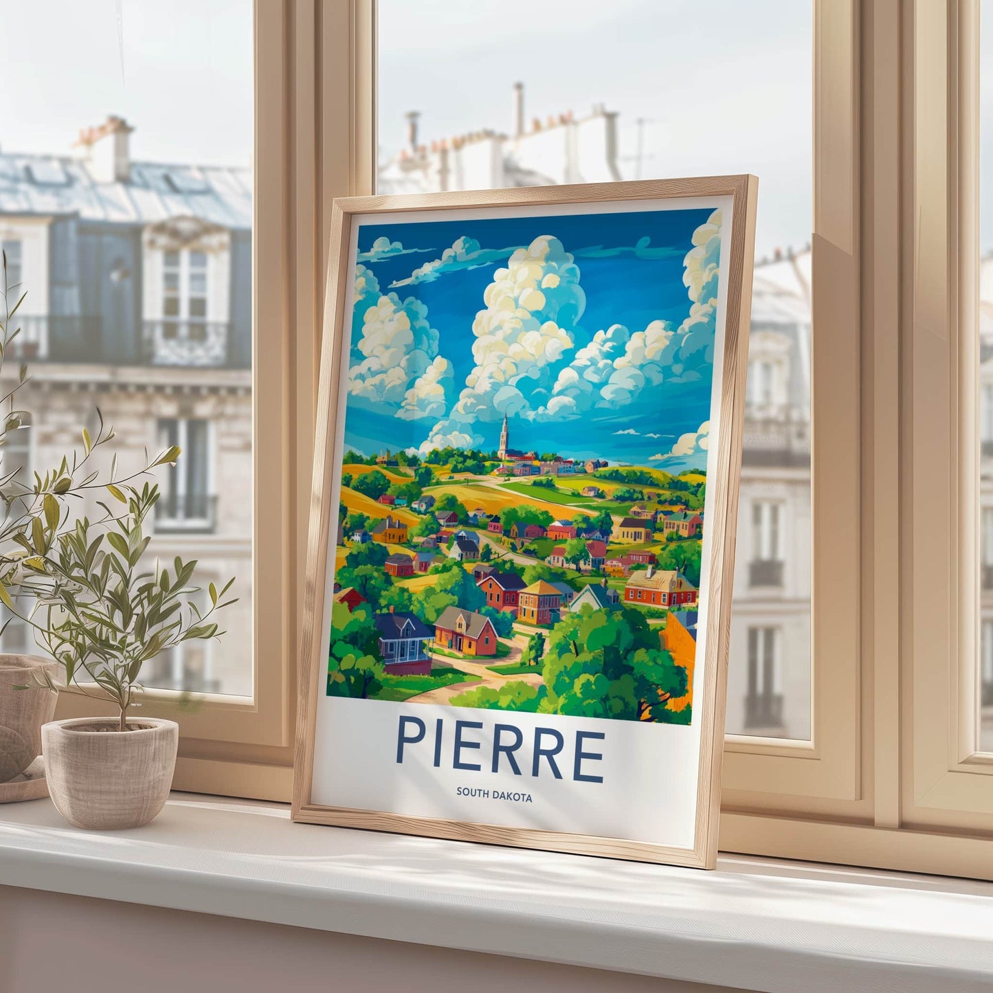Pierre Poster - South Dakota Travel Art - Vibrant Town Steeple Home Decor
