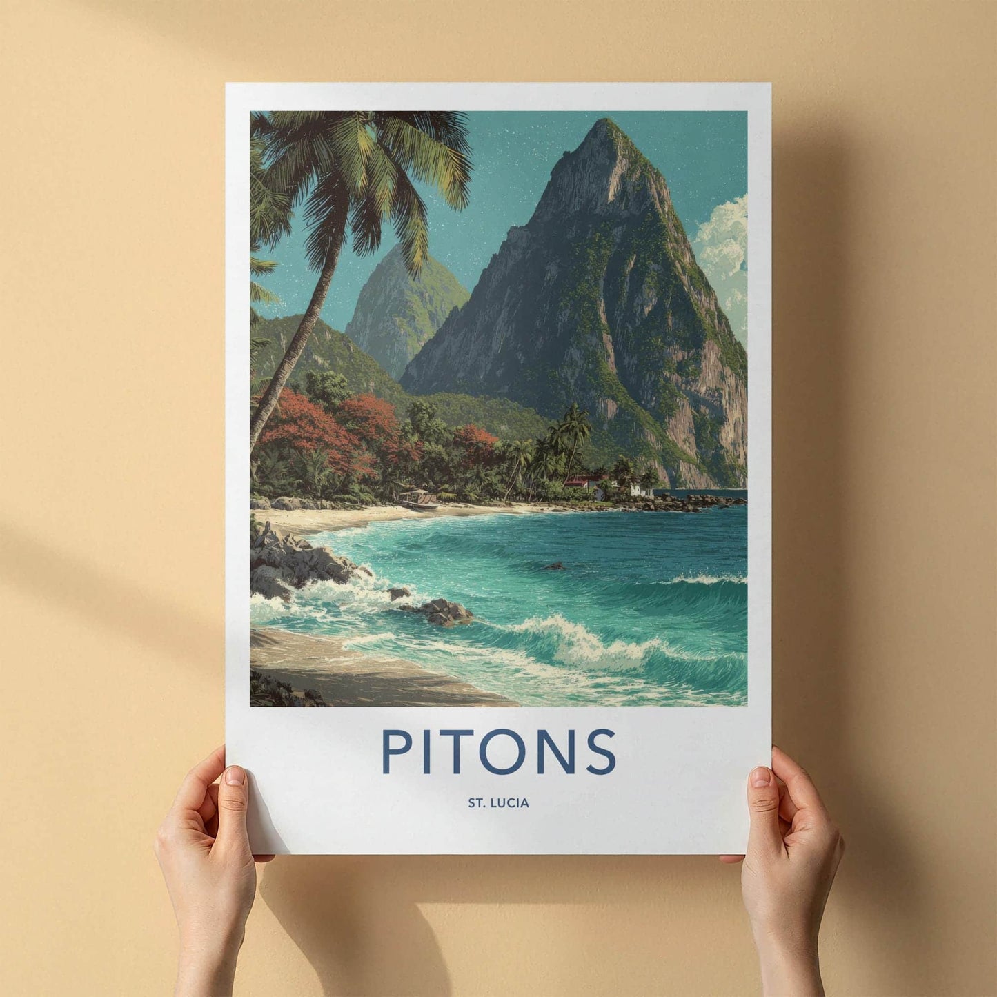 Pitons Poster - Saint Lucia Travel Art - Tropical Beach Scene Home Decor