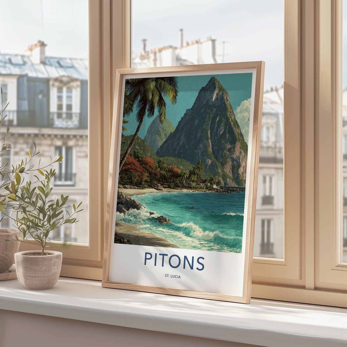 Pitons Poster - Saint Lucia Travel Art - Tropical Beach Scene Home Decor