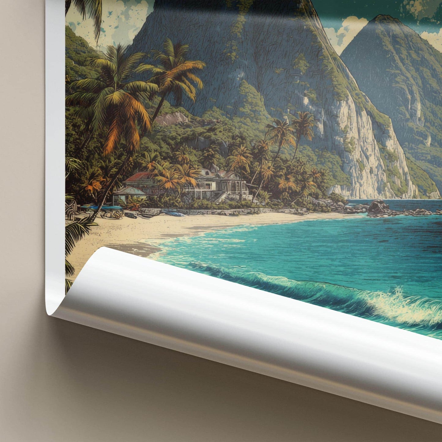 Pitons Poster - Saint Lucia Travel Art - Tropical Beachscape Moon Home Decor