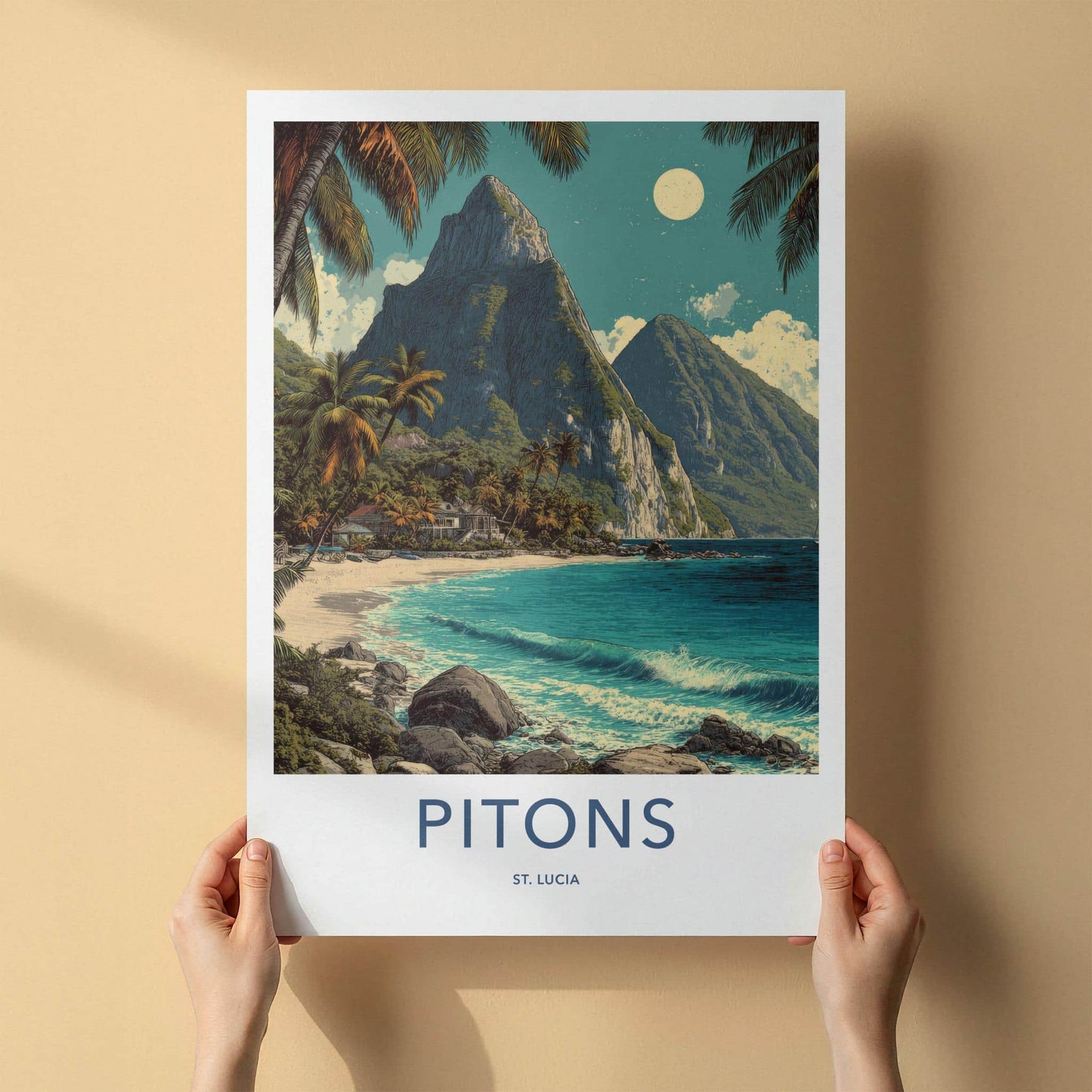 Pitons Poster - Saint Lucia Travel Art - Tropical Beachscape Moon Home Decor