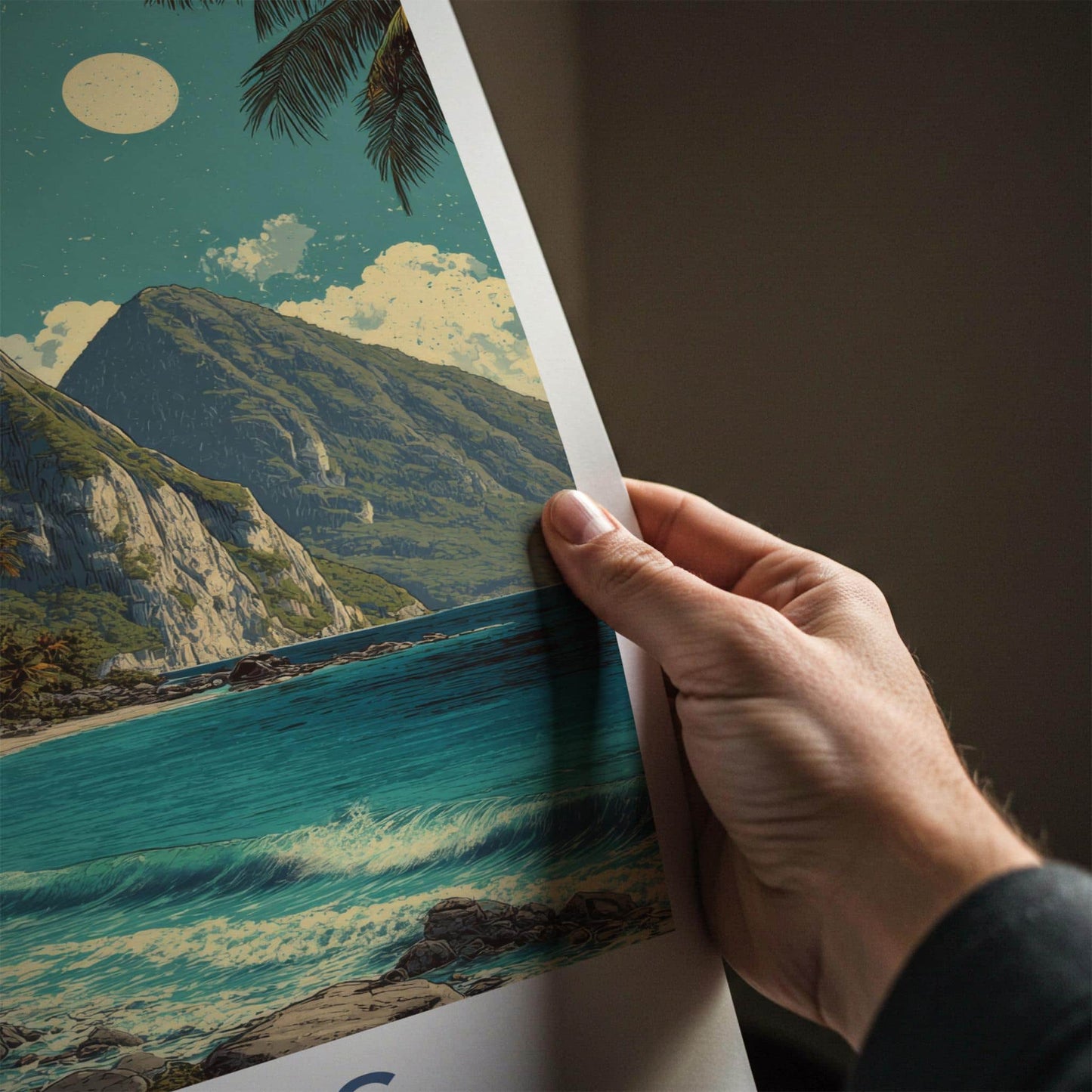 Pitons Poster - Saint Lucia Travel Art - Tropical Beachscape Moon Home Decor