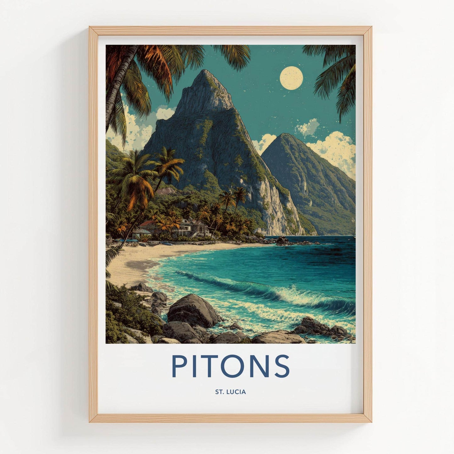 Pitons Poster - Saint Lucia Travel Art - Tropical Beachscape Moon Home Decor
