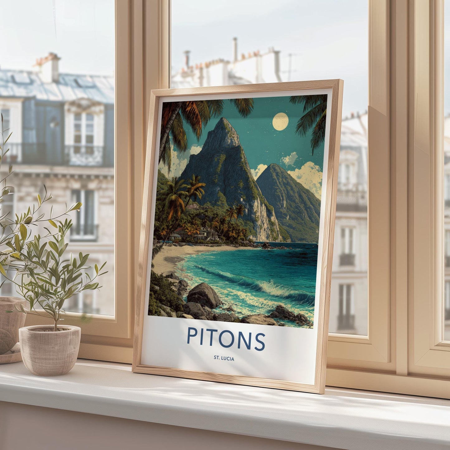 Pitons Poster - Saint Lucia Travel Art - Tropical Beachscape Moon Home Decor
