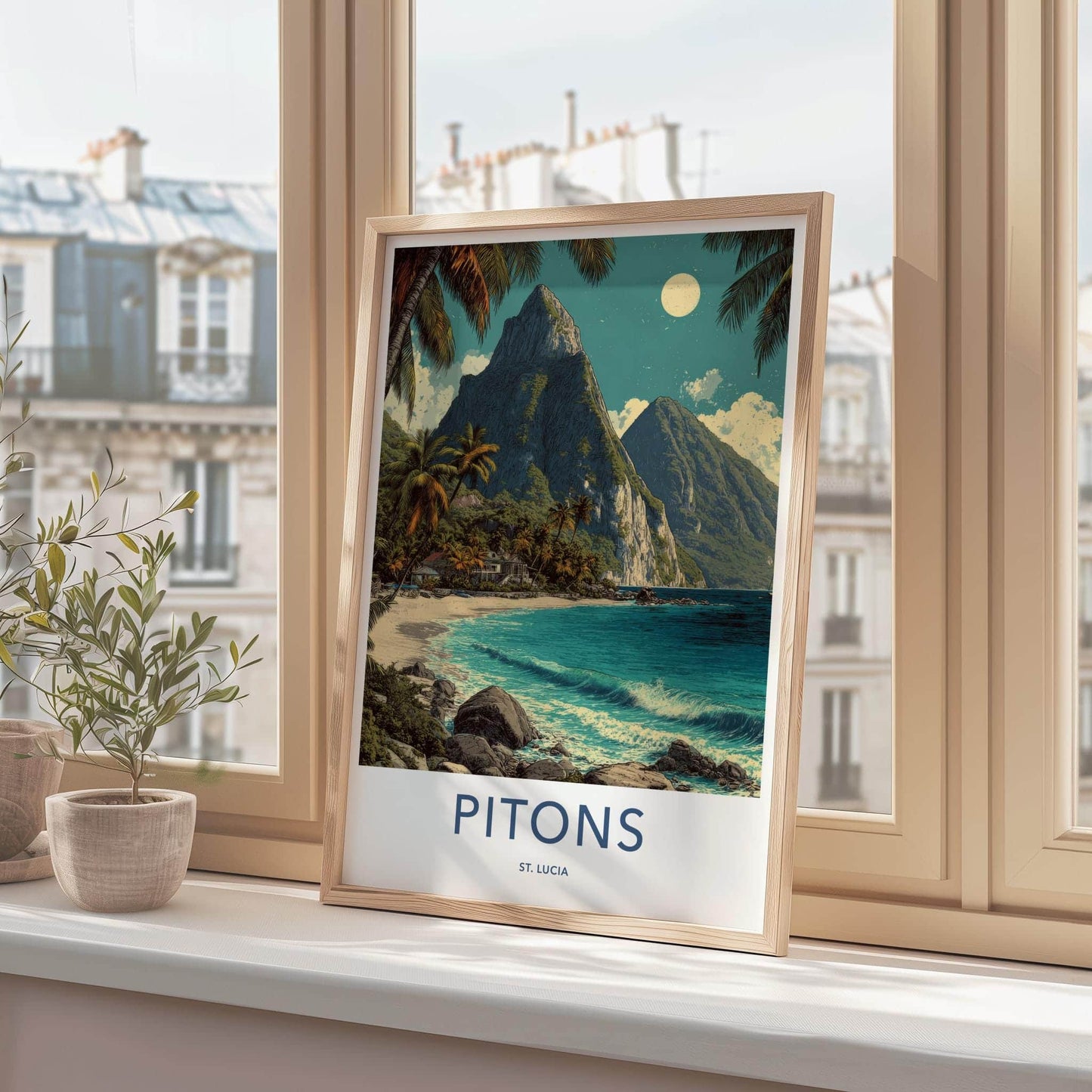 Pitons Poster - Saint Lucia Travel Art - Tropical Beachscape Moon Home Decor