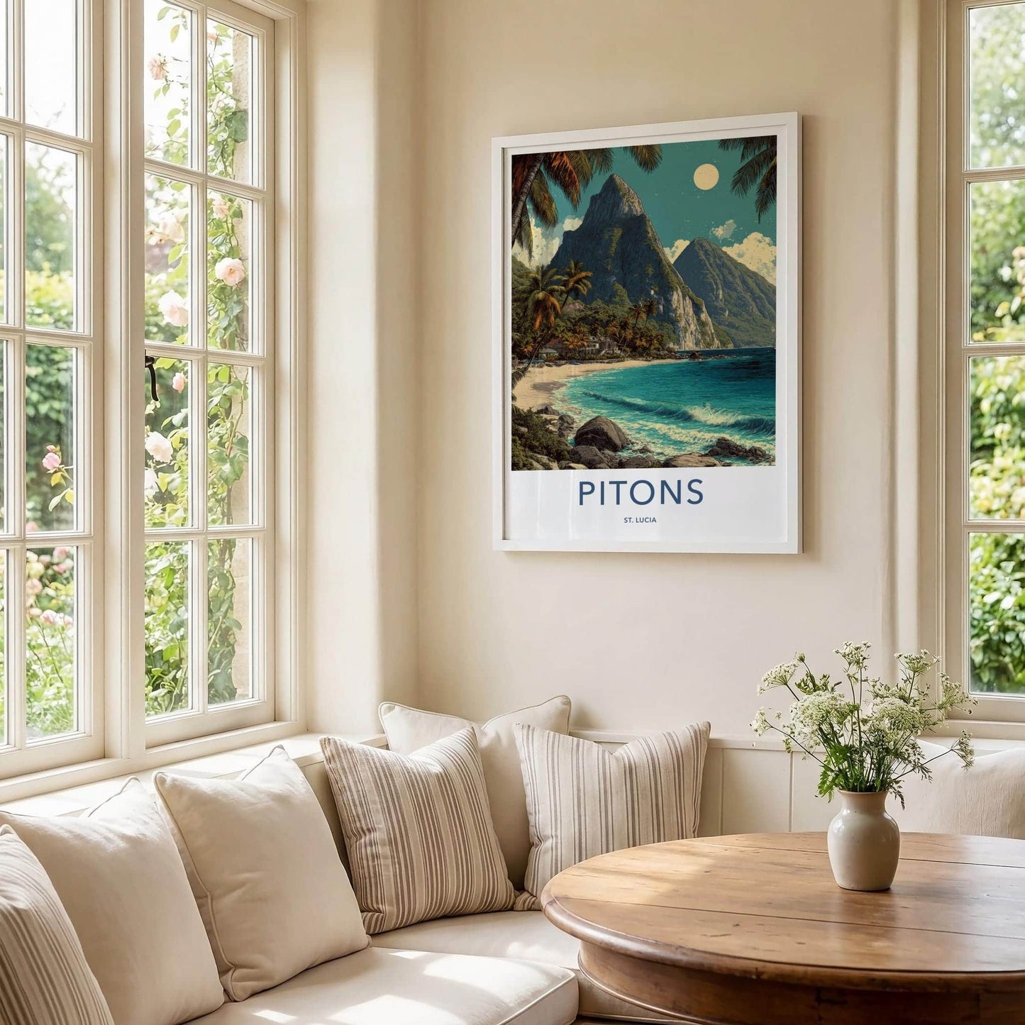 Pitons Poster - Saint Lucia Travel Art - Tropical Beachscape Moon Home Decor
