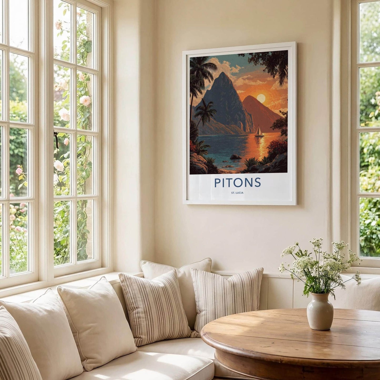 Pitons Poster - Saint Lucia Travel Art - Tropical Sunset Sailboat Home Decor