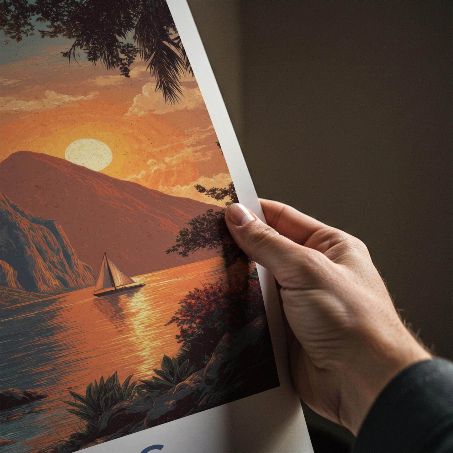 Pitons Poster - Saint Lucia Travel Art - Tropical Sunset Sailboat Home Decor