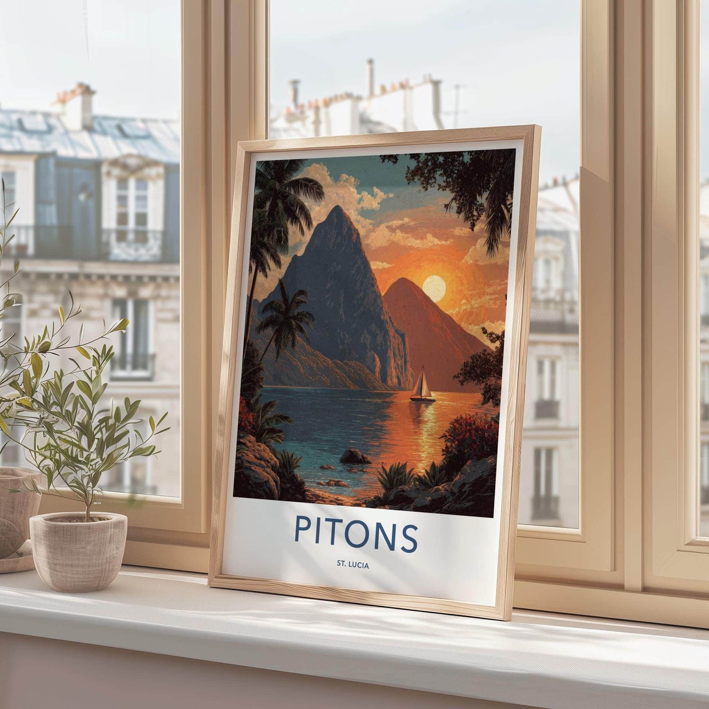 Pitons Poster - Saint Lucia Travel Art - Tropical Sunset Sailboat Home Decor