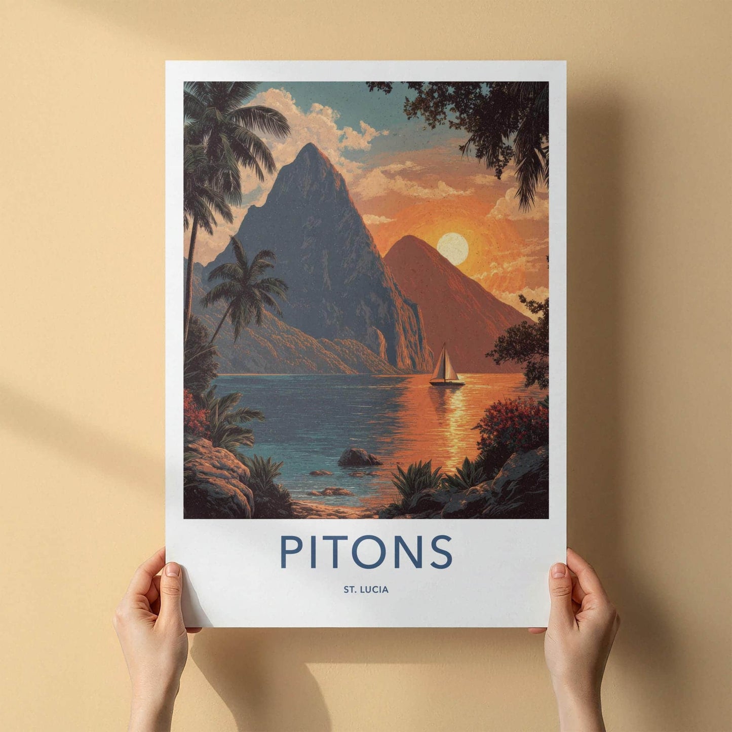 Pitons Poster - Saint Lucia Travel Art - Tropical Sunset Sailboat Home Decor