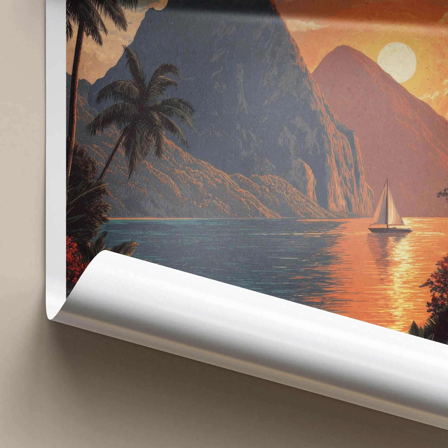 Pitons Poster - Saint Lucia Travel Art - Tropical Sunset Sailboat Home Decor