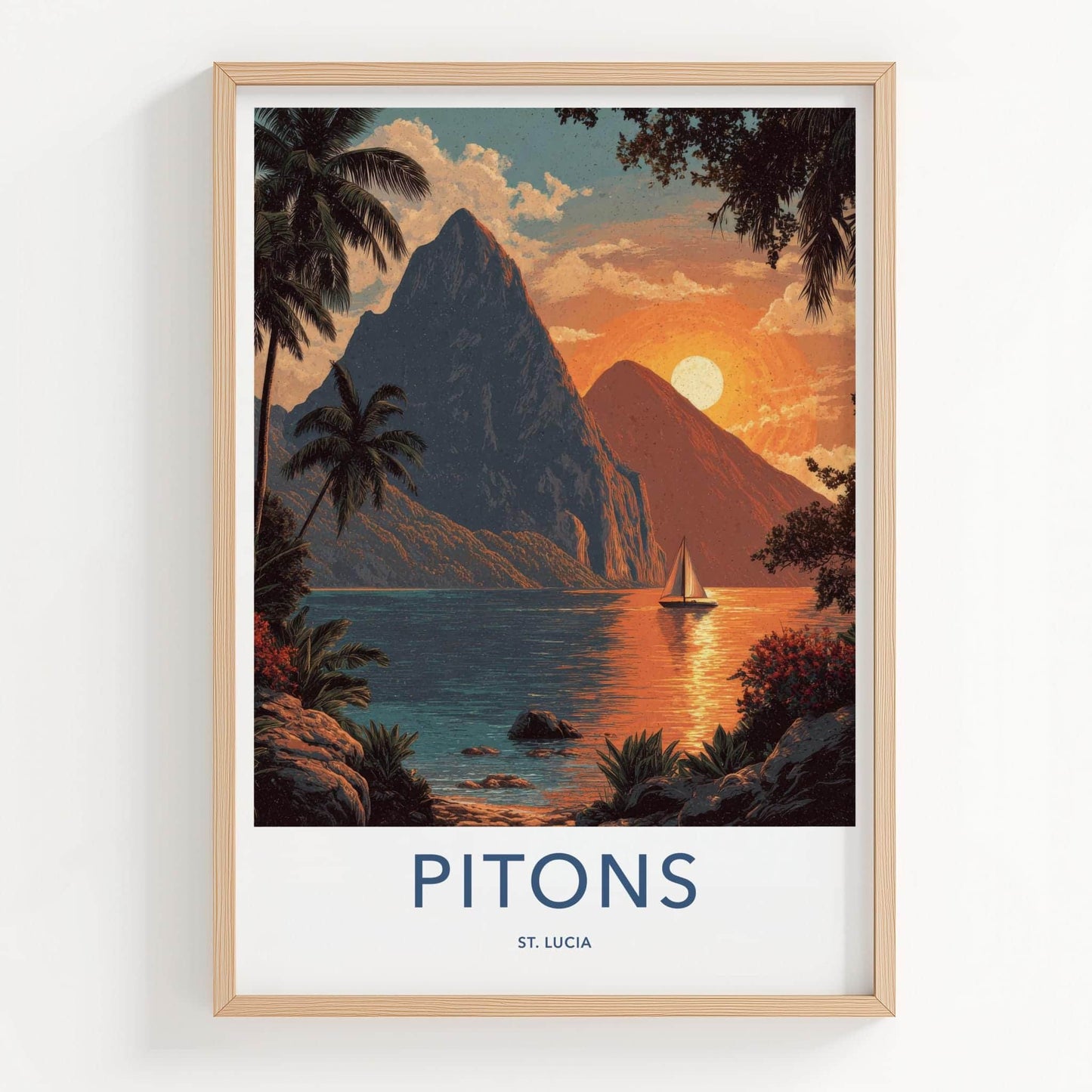 Pitons Poster - Saint Lucia Travel Art - Tropical Sunset Sailboat Home Decor