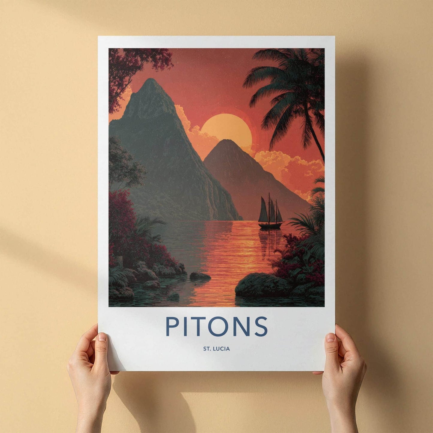 Pitons Poster - St Lucia Travel Art - Caribbean Mountain Sunset Home Decor