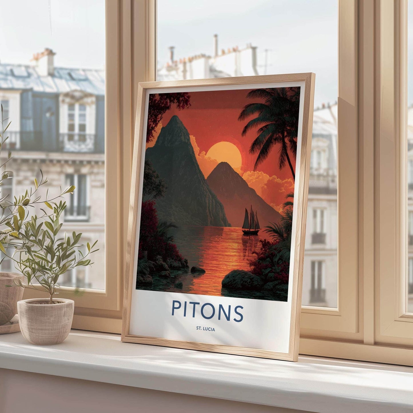 Pitons Poster - St Lucia Travel Art - Caribbean Mountain Sunset Home Decor