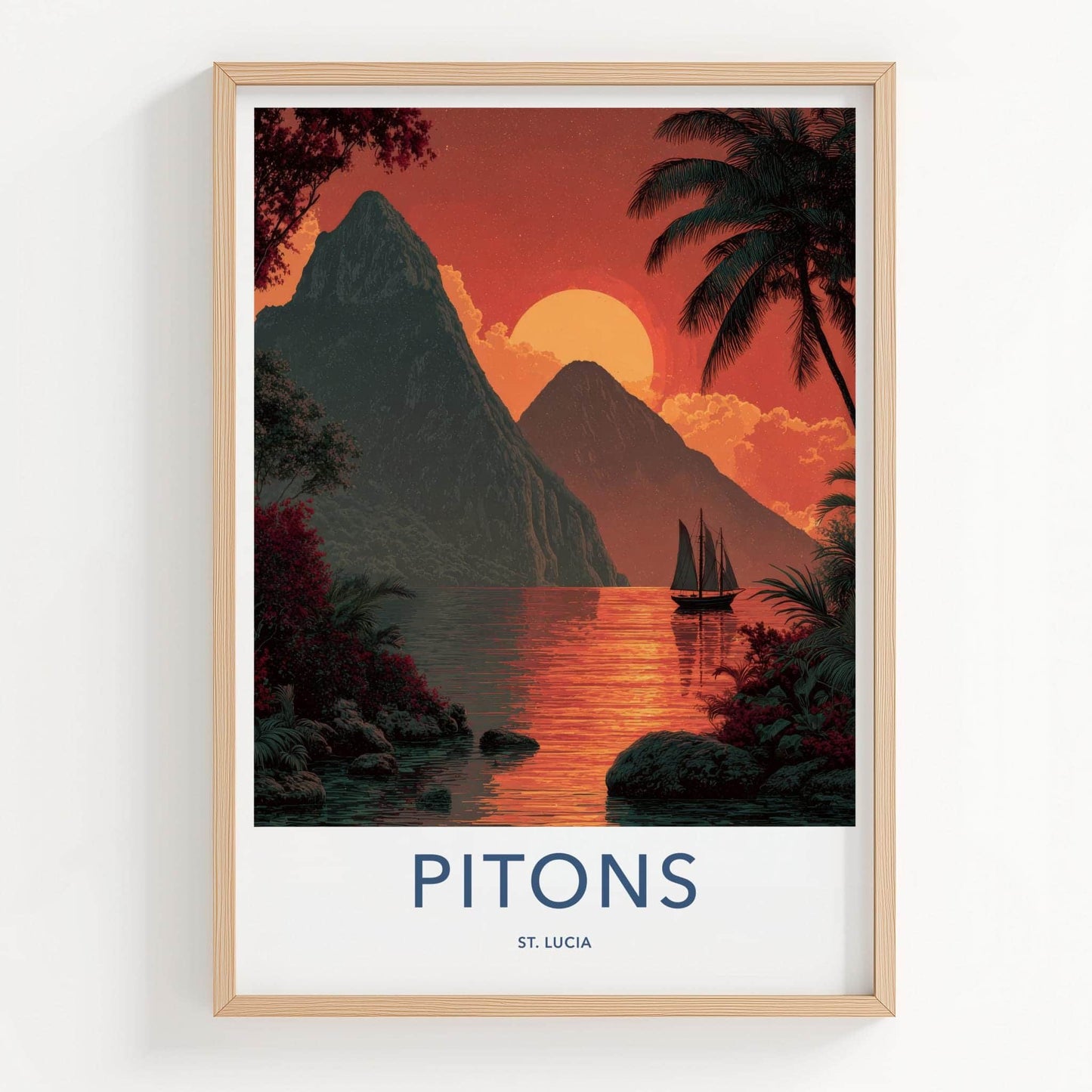 Pitons Poster - St Lucia Travel Art - Caribbean Mountain Sunset Home Decor