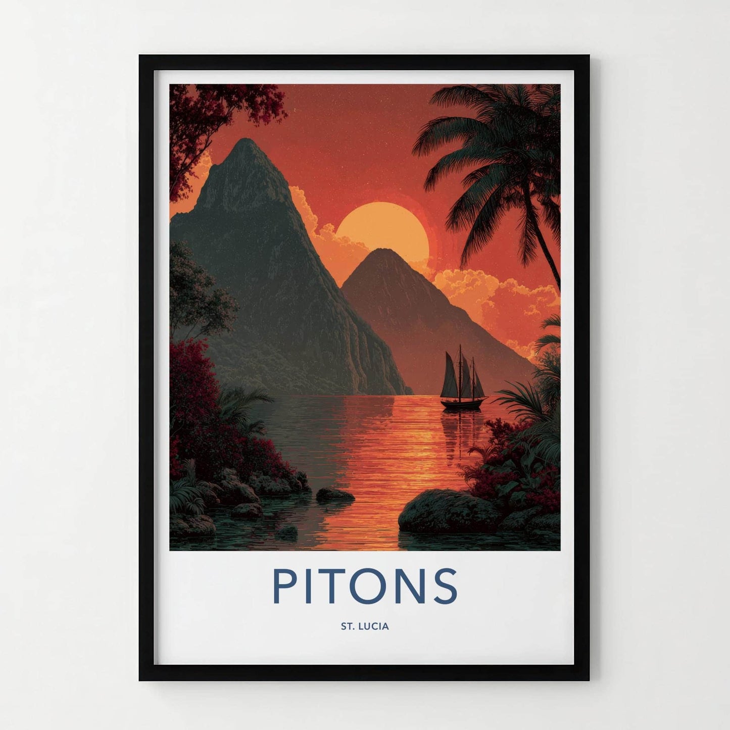 Pitons Poster - St Lucia Travel Art - Caribbean Mountain Sunset Home Decor