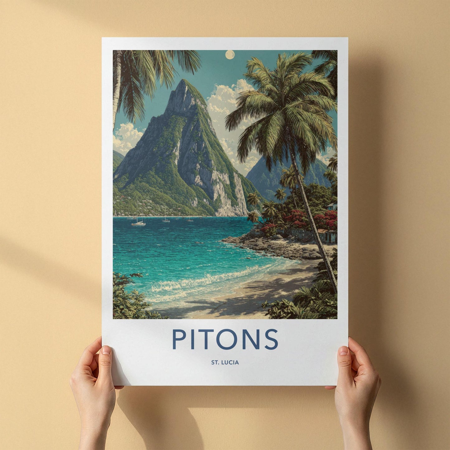 Pitons Poster - St Lucia Travel Art - Tropical Beach Peaks Home Decor