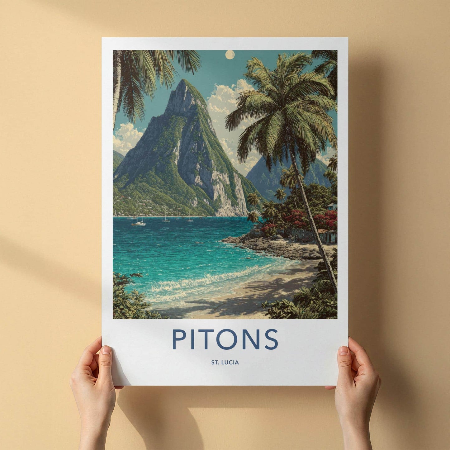 Pitons Poster - St Lucia Travel Art - Tropical Beach Peaks Home Decor