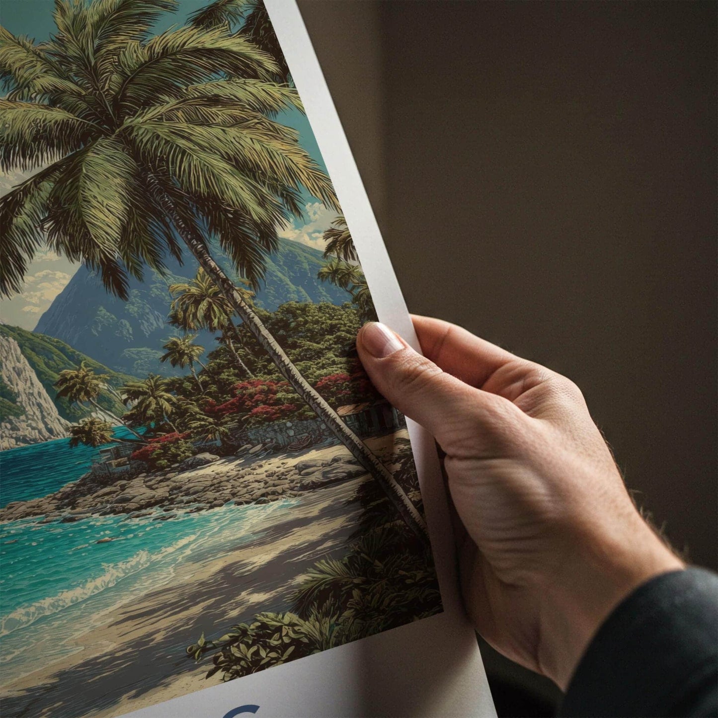 Pitons Poster - St Lucia Travel Art - Tropical Beach Peaks Home Decor