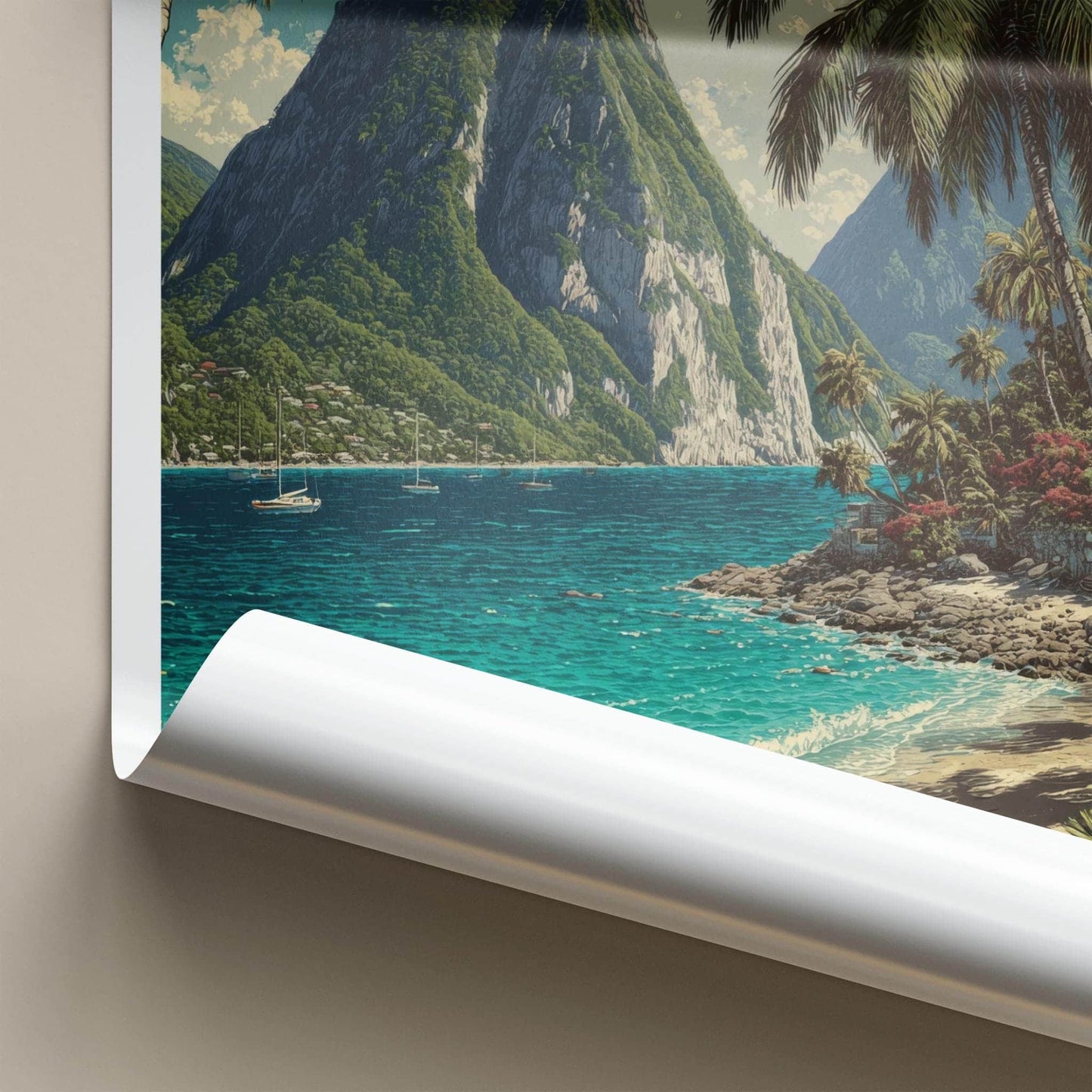 Pitons Poster - St Lucia Travel Art - Tropical Beach Peaks Home Decor