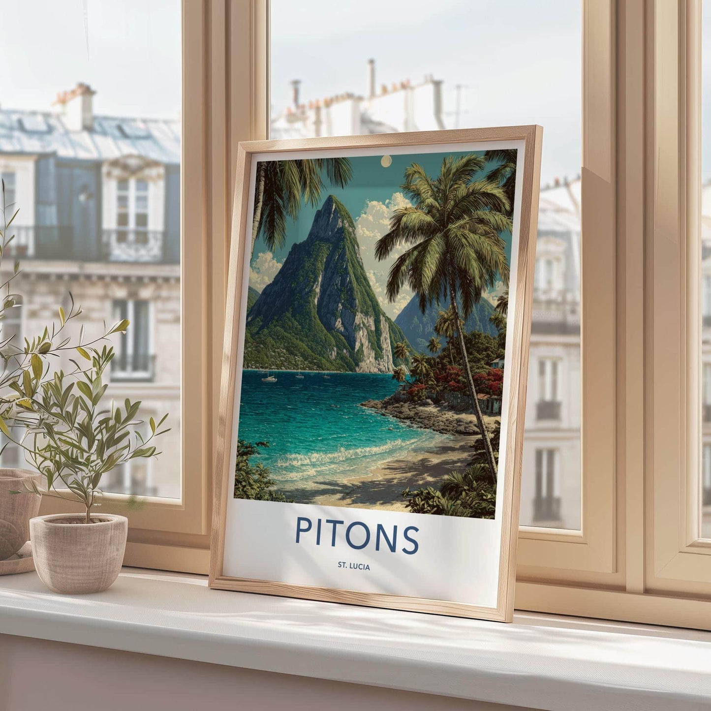 Pitons Poster - St Lucia Travel Art - Tropical Beach Peaks Home Decor