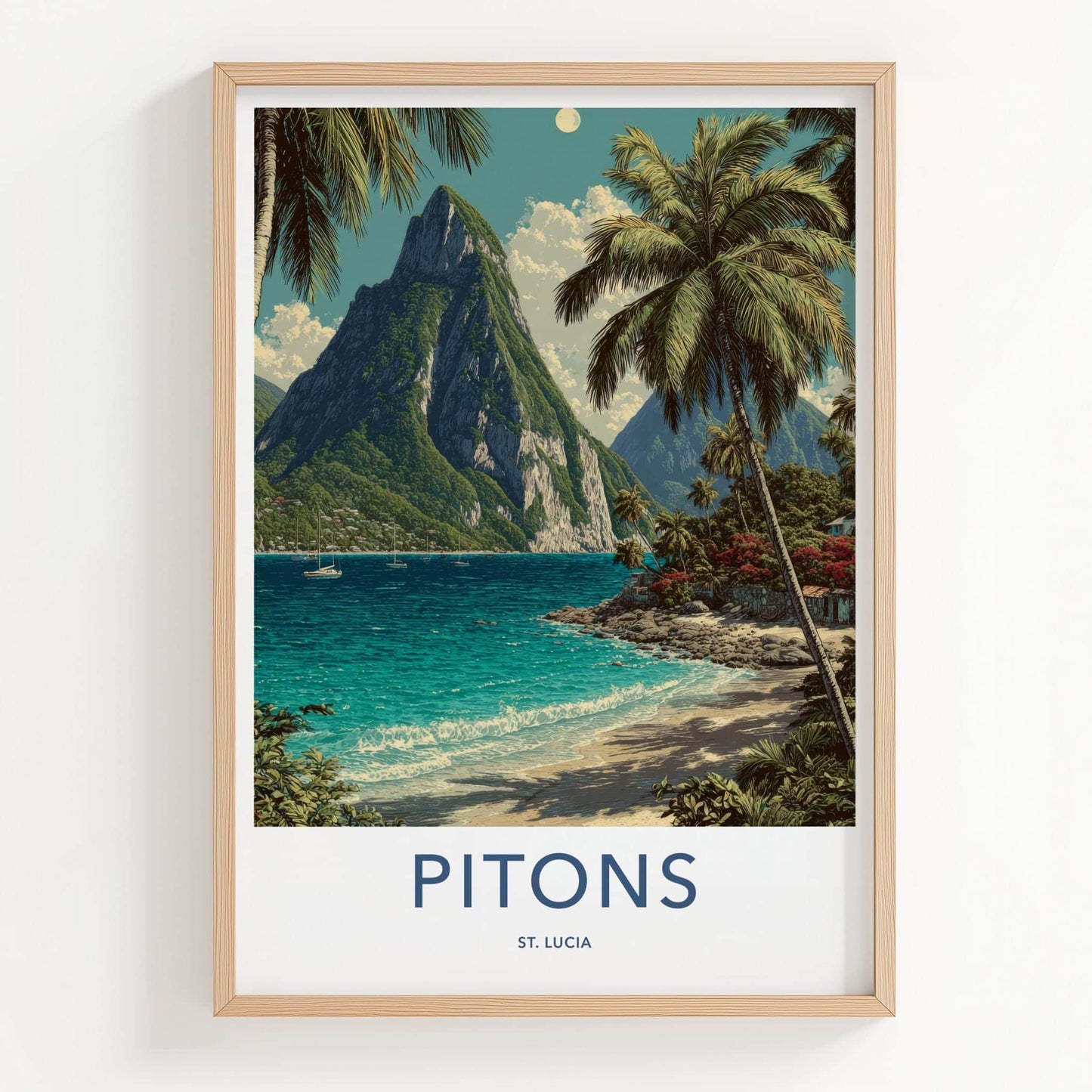 Pitons Poster - St Lucia Travel Art - Tropical Beach Peaks Home Decor