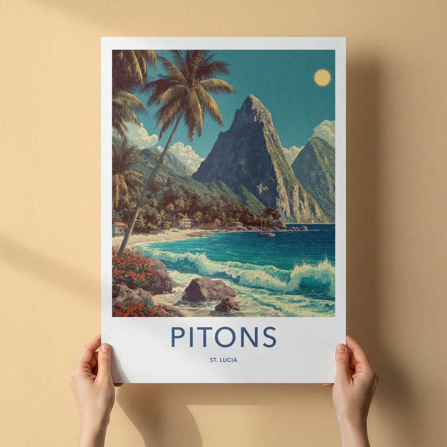 Pitons Poster - St Lucia Travel Print - Tropical Beach Waves Lounge Decor